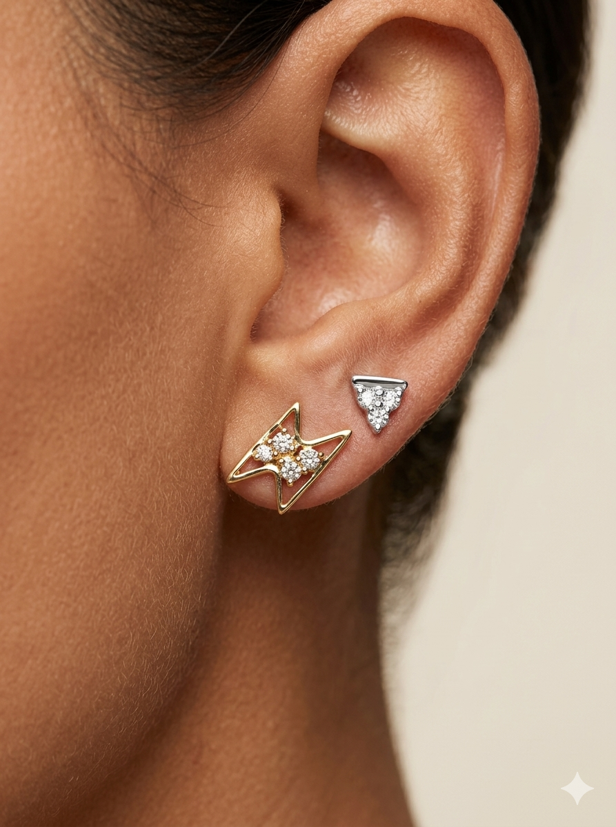 18K Solid Gold Three Marquise Stud Natural Diamond Earrings | Dainty Minimalist1