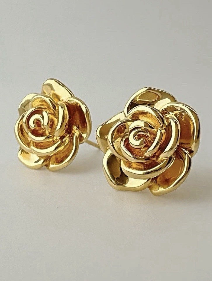 18K Real Gold Flower Rose Earrings Women 14.2mm Lightweight (EF)3