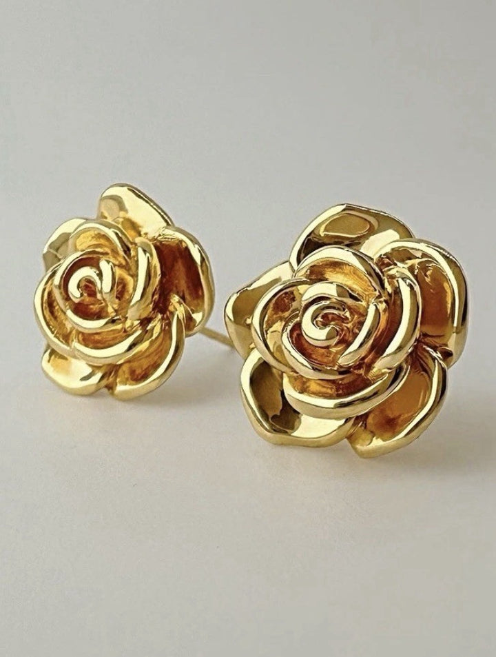 18K Real Gold Flower Rose Earrings Women 14.2mm Lightweight (EF)3