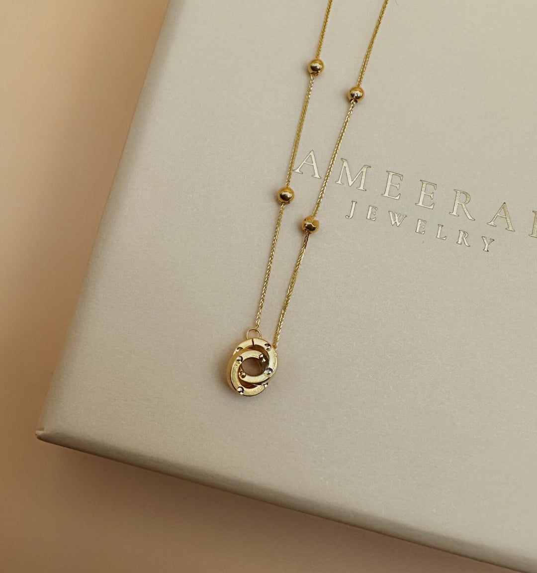 18K Solid Gold Interlocking Rings Necklace Double Ring Pendant Gift Her3