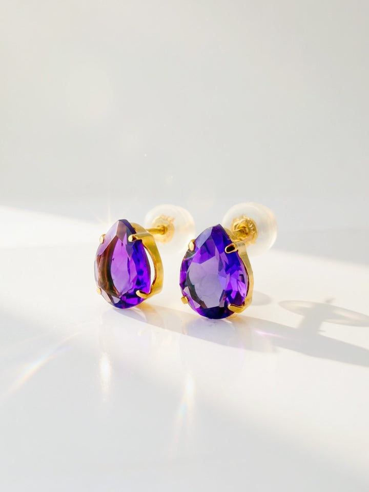 18K Solid Gold Amethyst Earrings Natural Pear Cut Birthstone Studs Gift4
