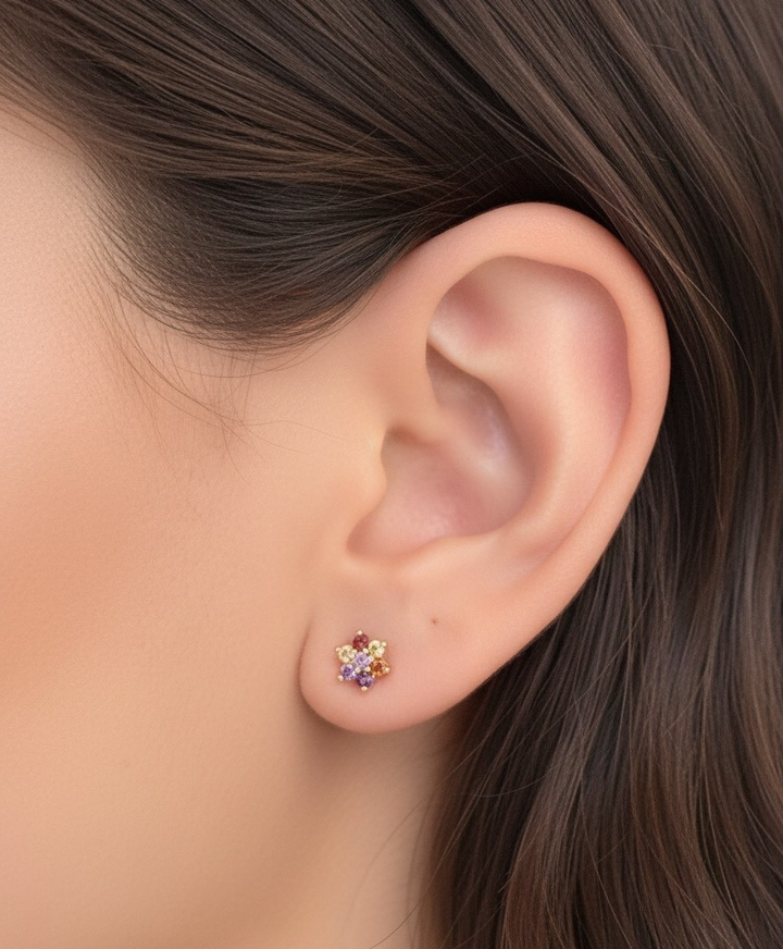 18K Solid Gold Gemstone Flower Stud Earrings Dainty Gift Her1