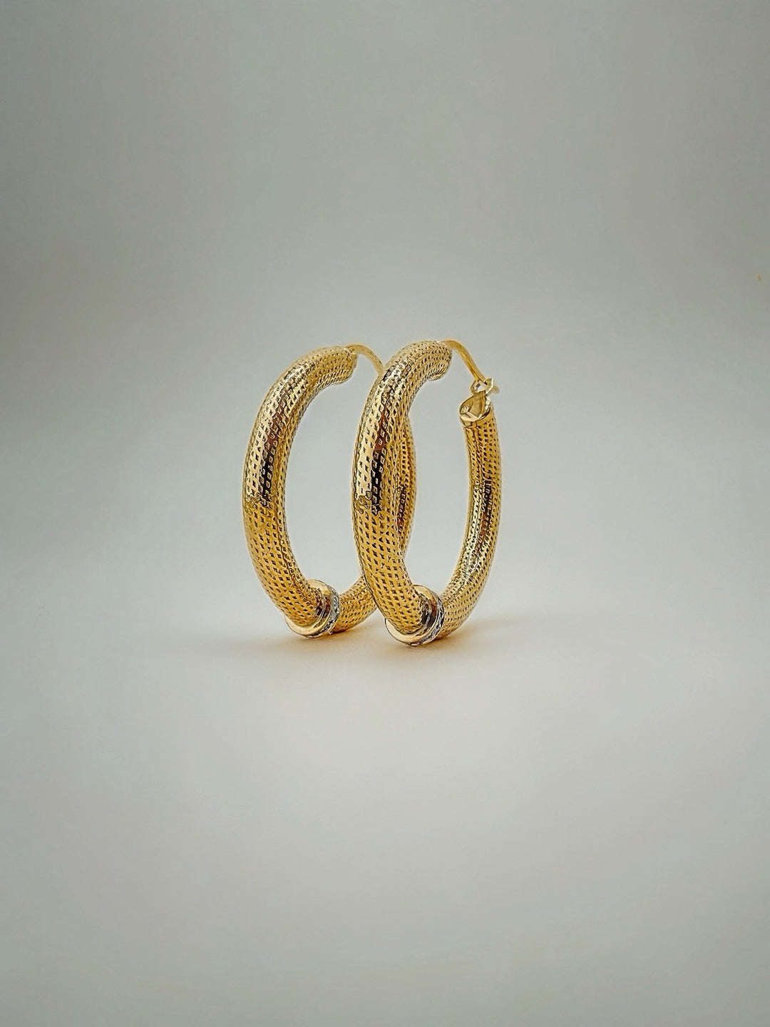 18K Solid Gold Diamond Hoop Earrings – Textured Gold Hoops 33mm, Real Diamond3