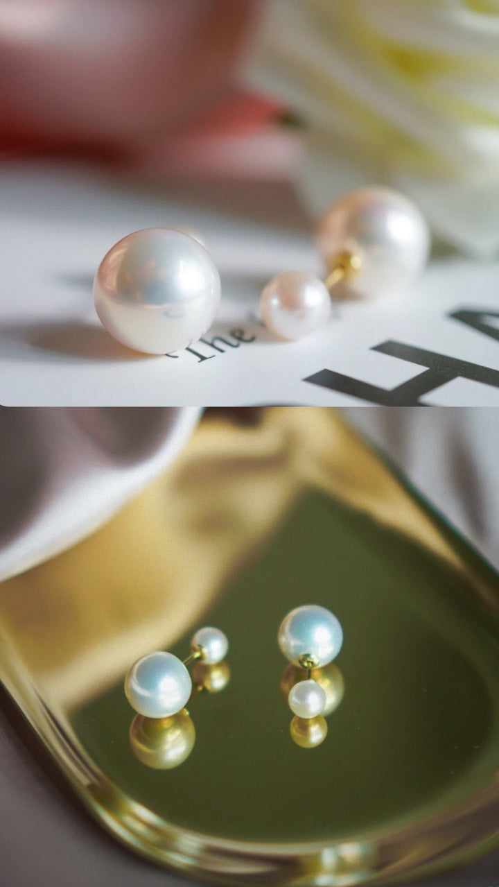 18K Solid Gold Double Akoya Pearl Earrings Screw Back Dainty Minimalist Japan3