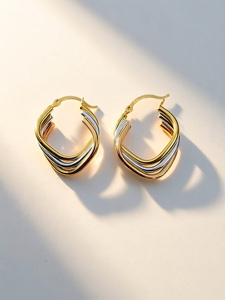 18K Real Gold Tri Color Hoop Earrings Twist Design  Hoops Everyday0
