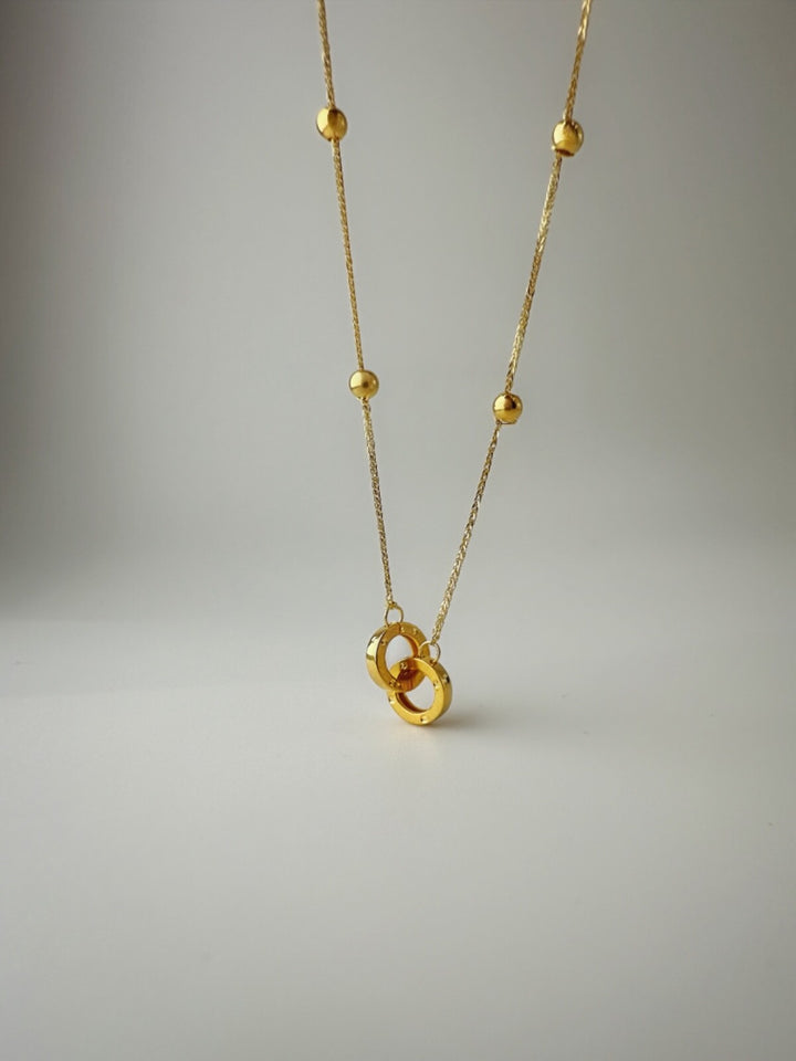 18K Solid Gold Interlocking Rings Necklace Double Ring Pendant Gift Her1