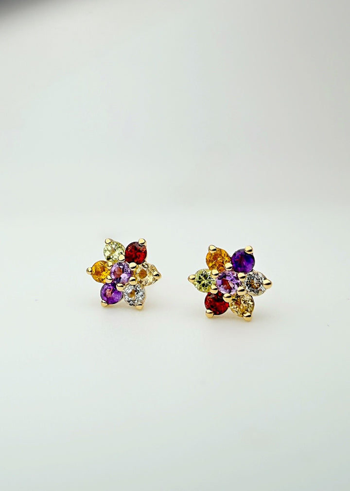 18K Solid Gold Gemstone Flower Stud Earrings Dainty Gift Her2