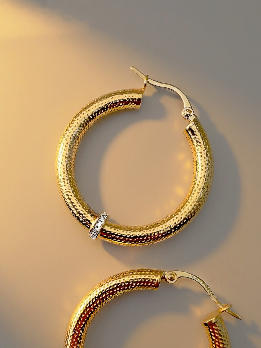 18K Solid Gold Diamond Hoop Earrings Textured Gold Hoops 33mm Real Diamond2