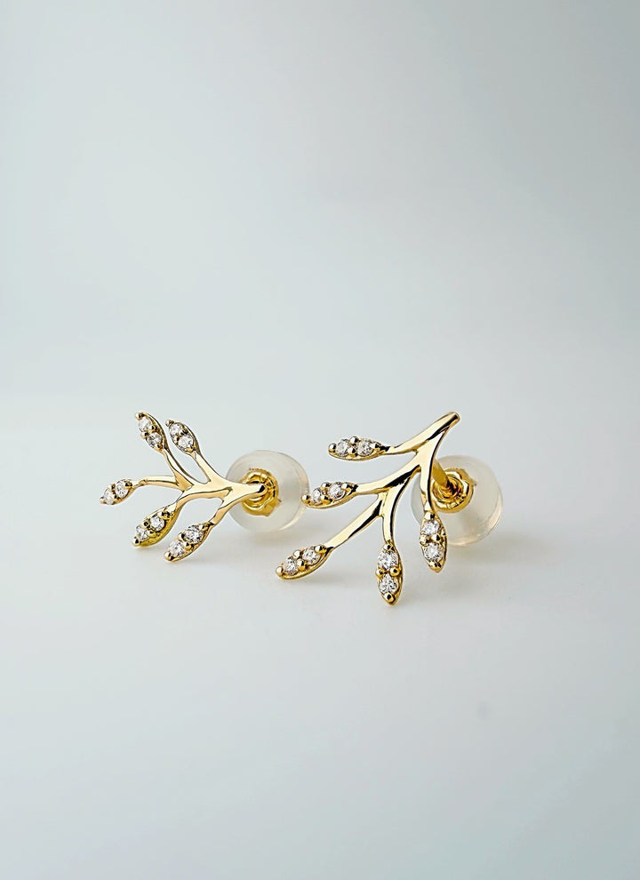 18K Solid Gold Diamond Olive Leaf Earrings 0.10CT Climber Studs Real Gold1