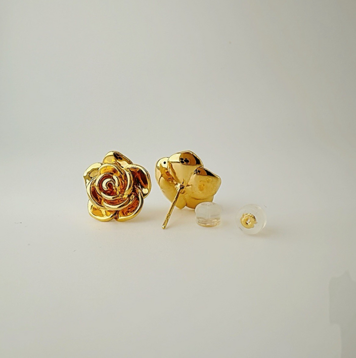 18K Real Gold Flower Rose Earrings Women 14.2mm Lightweight (EF)2