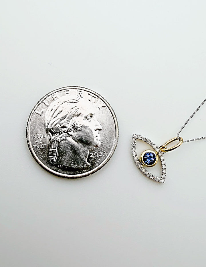 18K Solid Gold Evil Eye Diamond Pendant Natural Sapphire Two-Tone Gift Her5