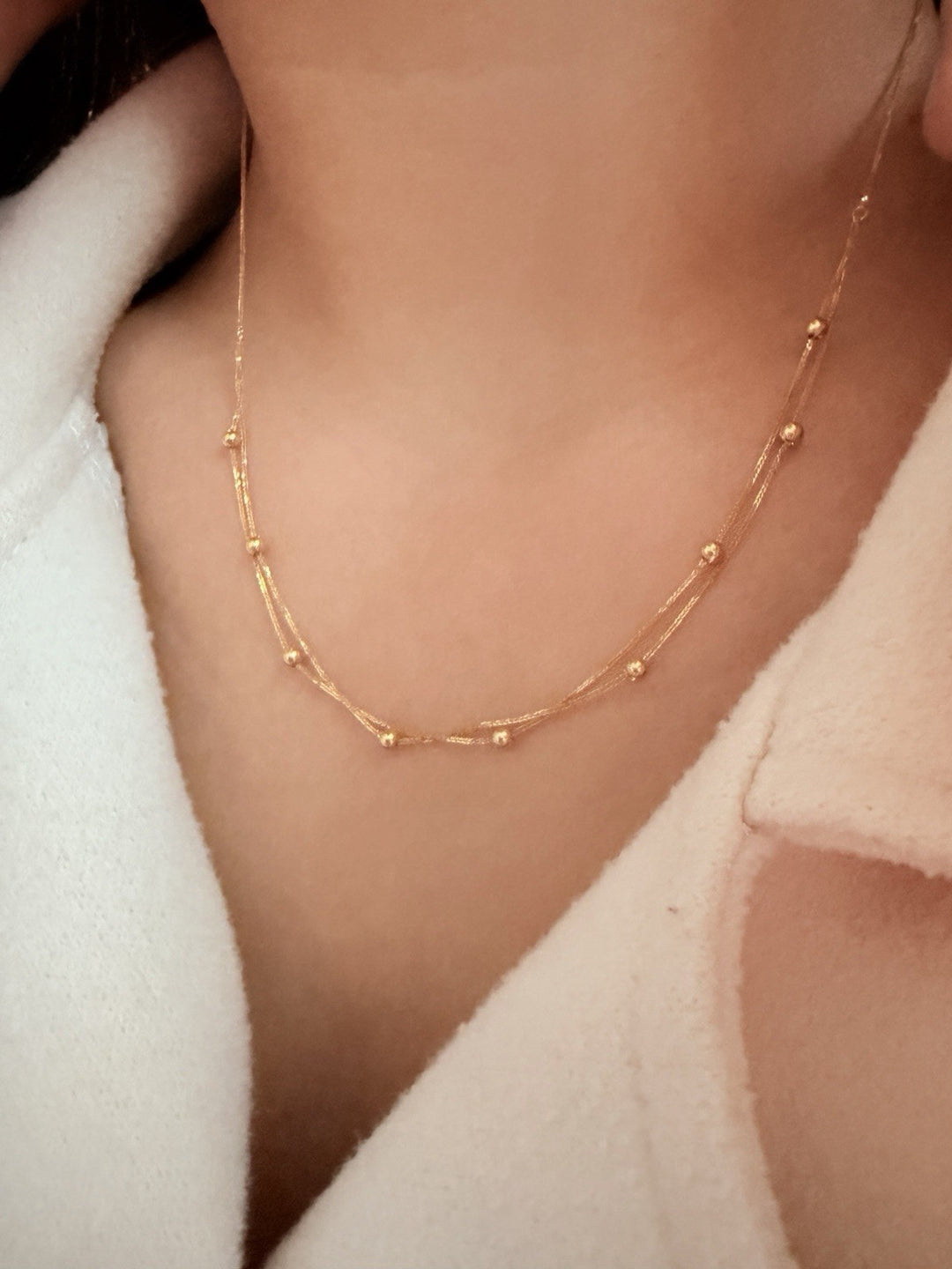18K Solid Gold Station Beads Dainty Necklace – Double Layer,  17" Size2