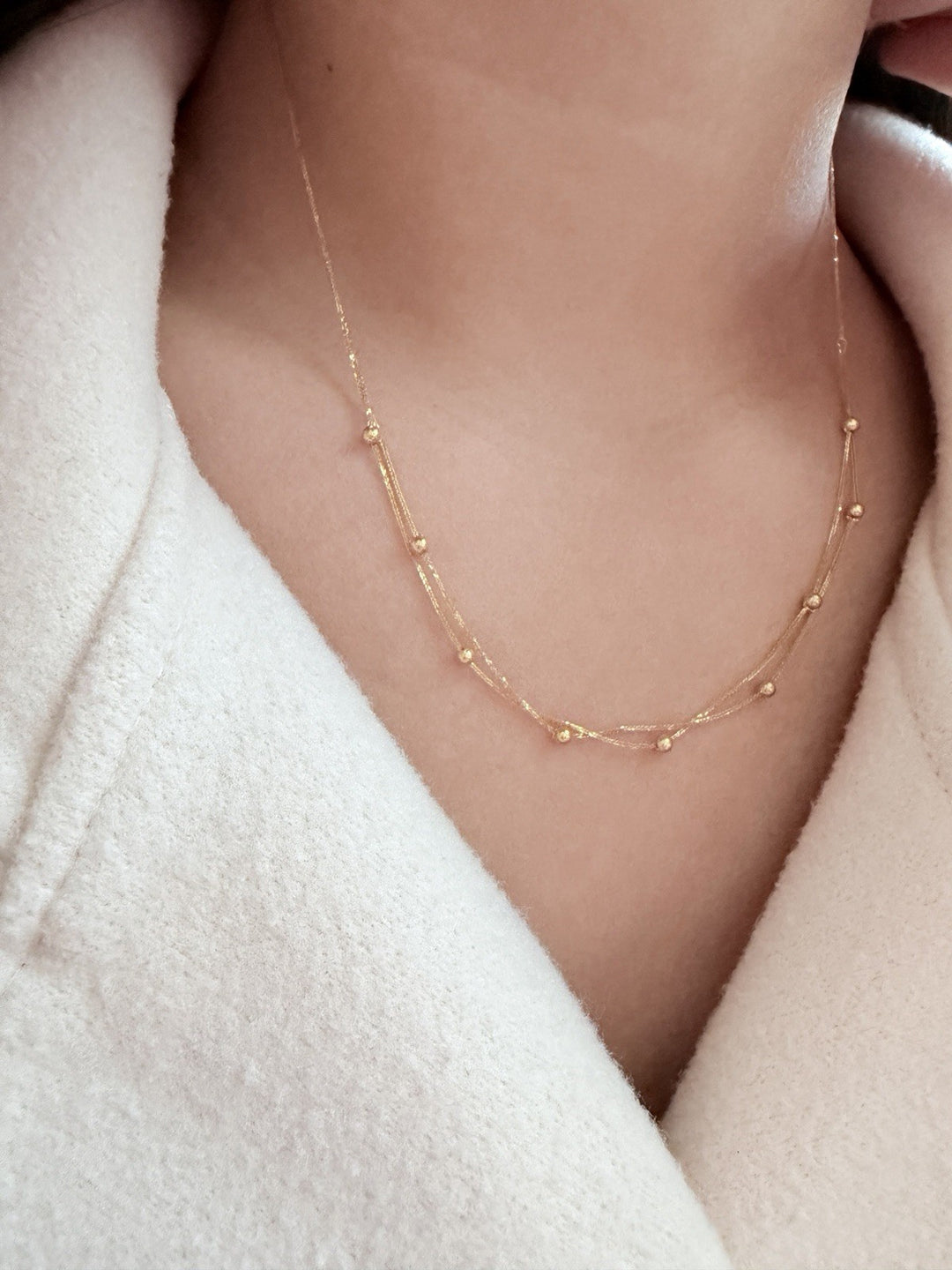 18K Solid Gold Station Beads Dainty Necklace – Double Layer,  17" Size0