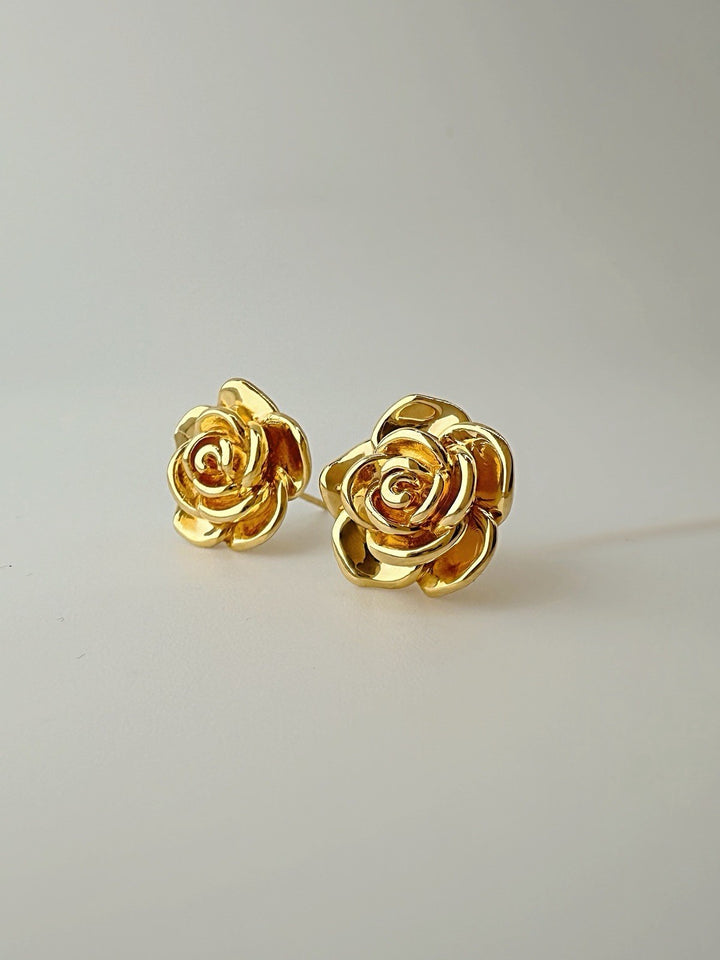 18K Real Gold Flower Rose Earrings Women 14.2mm Lightweight (EF)1