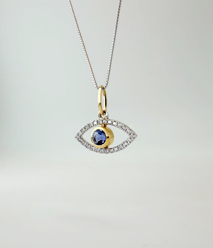 18K Solid Gold Evil Eye Diamond Pendant Natural Sapphire Two-Tone Gift Her2