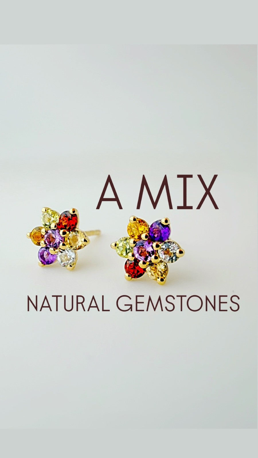 18K Solid Gold Gemstone Flower Stud Earrings Dainty Gift Her5