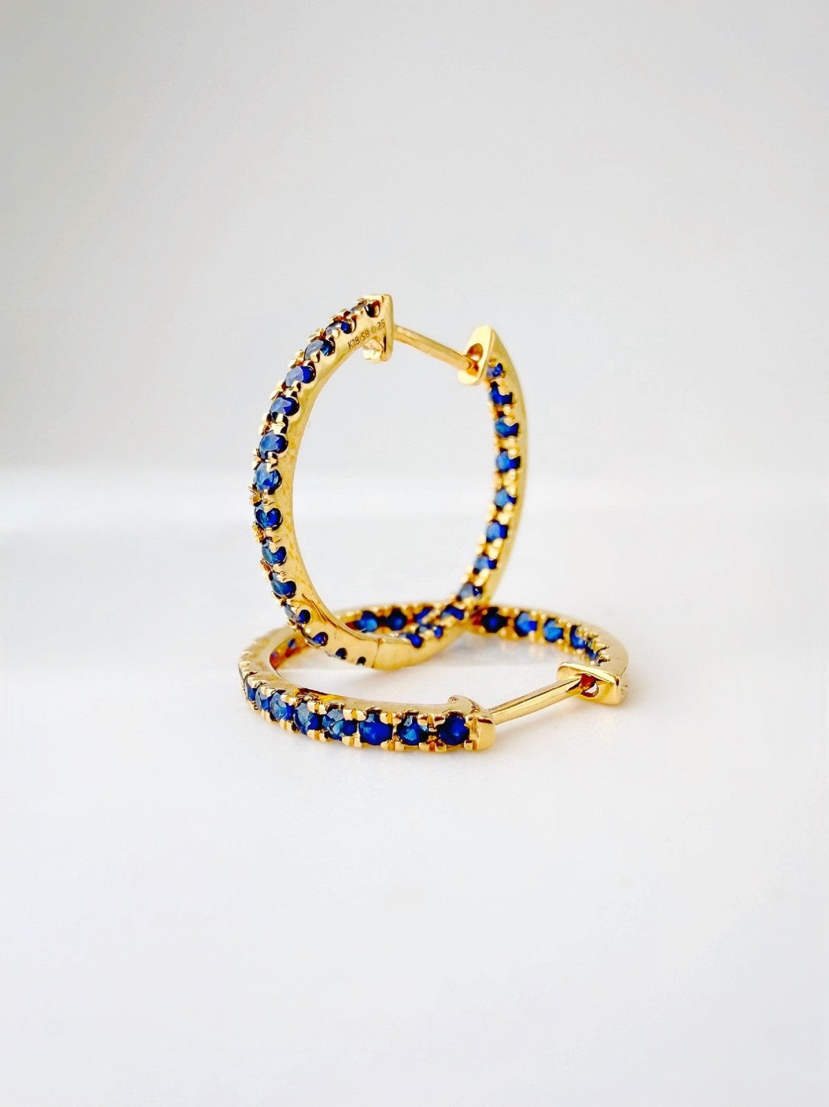 18K Solid Gold Diamond Blue Sapphire Hoop Earrings 0.5CT 19.5mm Gift1