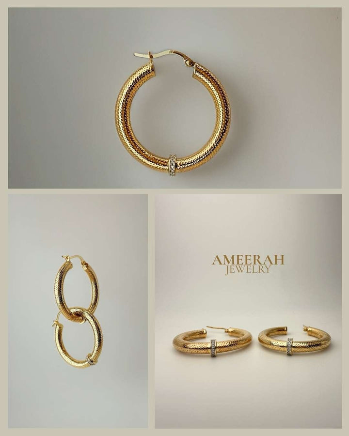 18K Solid Gold Diamond Hoop Earrings – Textured Gold Hoops 33mm, Real Diamond6