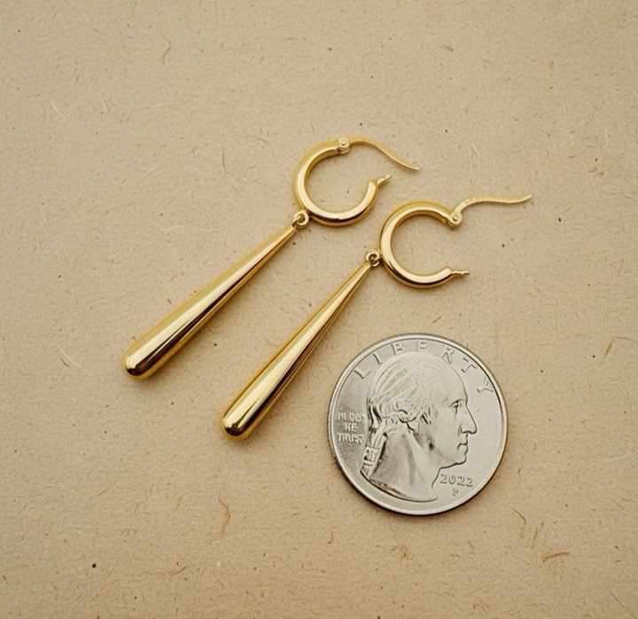 18K Solid Gold Drop Hoop Earrings Teardrop Dangle 1.78in Real Gold Minimalist2