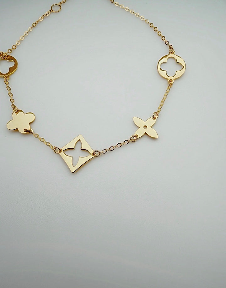 18K Solid Gold Blossom Design Flower Clover Bracelet2