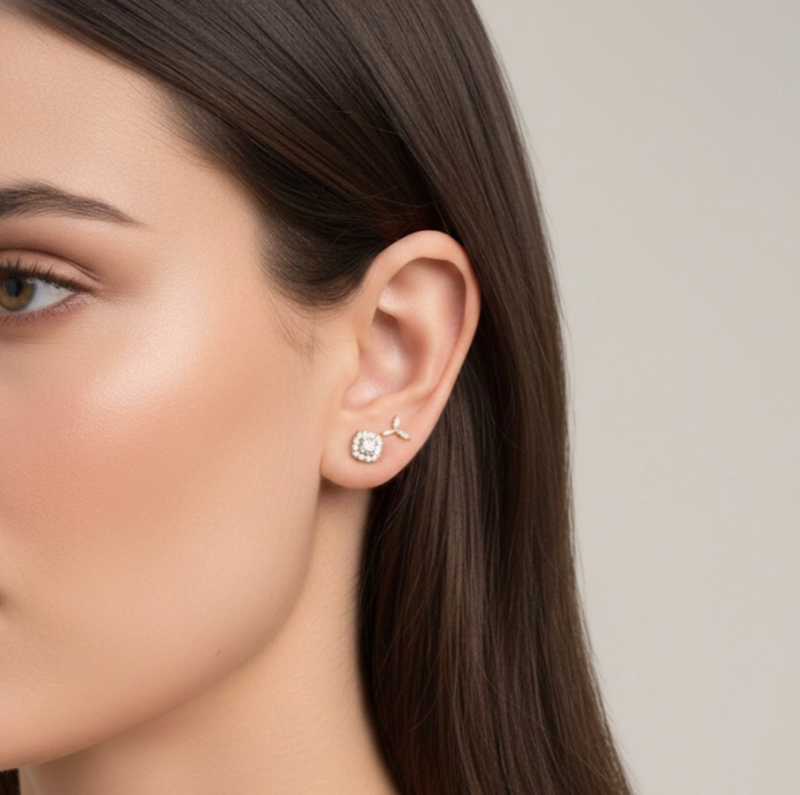 18K Solid Gold Cushion Cut Natural Diamond Earrings 0.30ct Two Tone Jewelry3