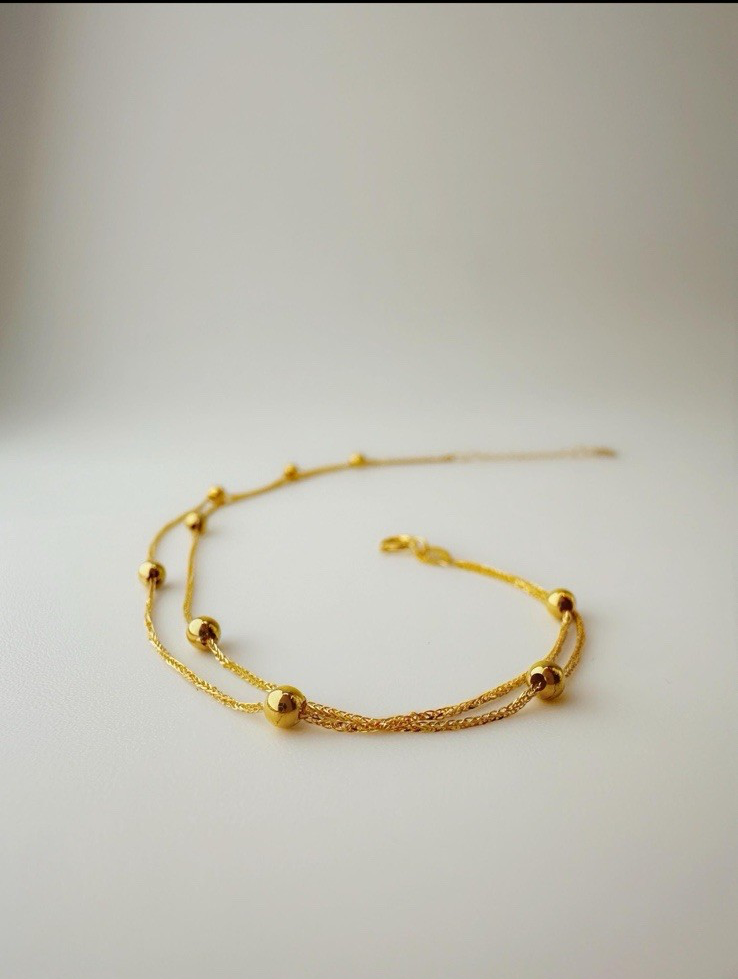 18K Solid Gold Station Beads Dainty Thin Bracelet – Double Layer, 7–7.5” Size0