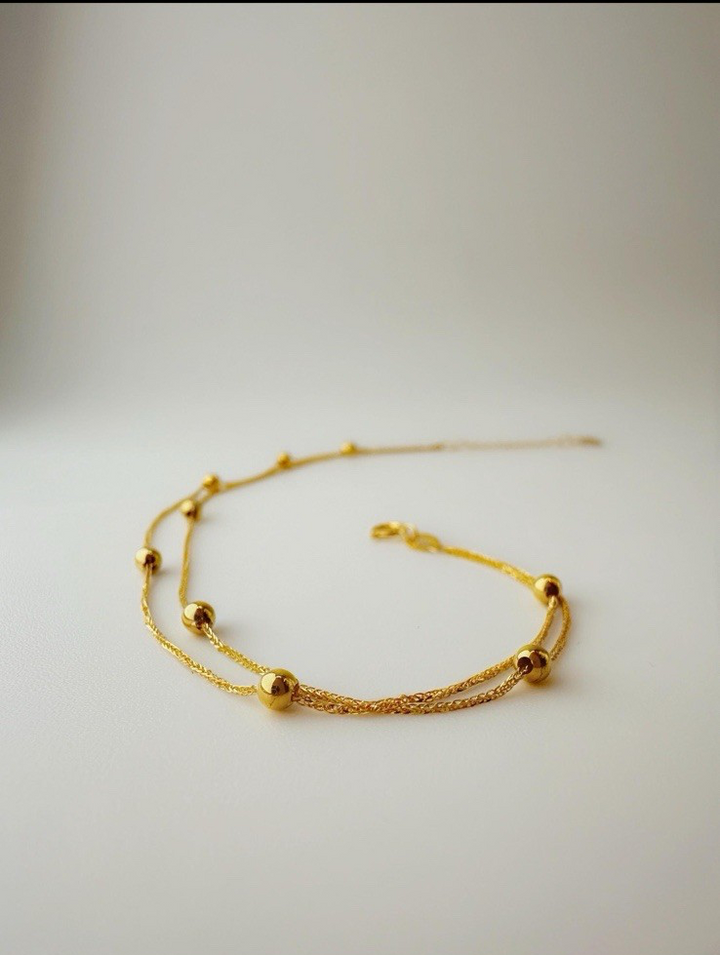 18K Solid Gold Station Beads Dainty Thin Bracelet – Double Layer, 7–7.5” Size0