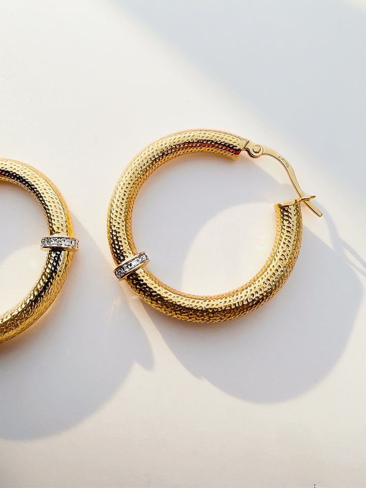 18K Solid Gold Diamond Hoop Earrings Textured Gold Hoops 33mm Real Diamond0
