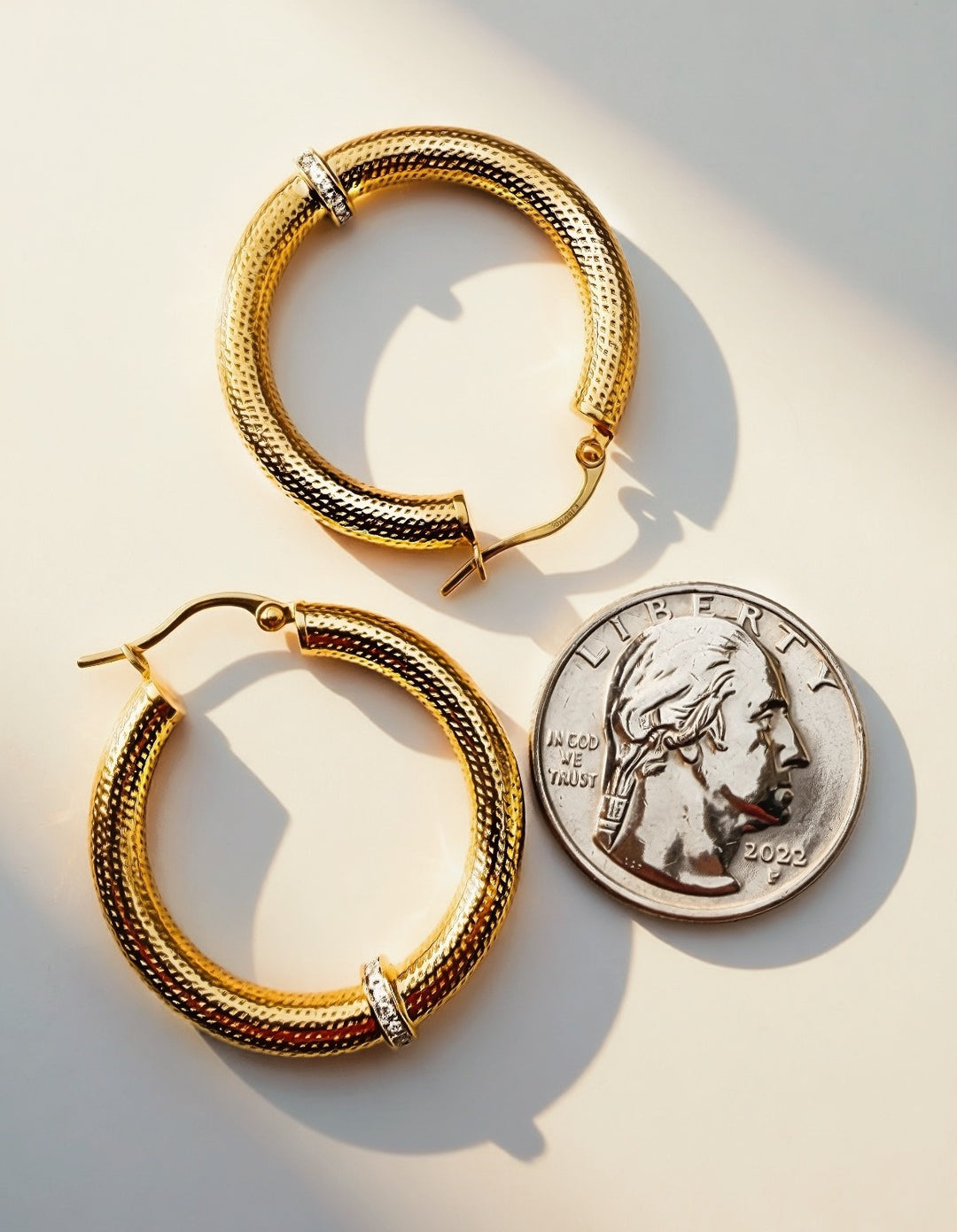 18K Solid Gold Diamond Hoop Earrings – Textured Gold Hoops 33mm, Real Diamond8