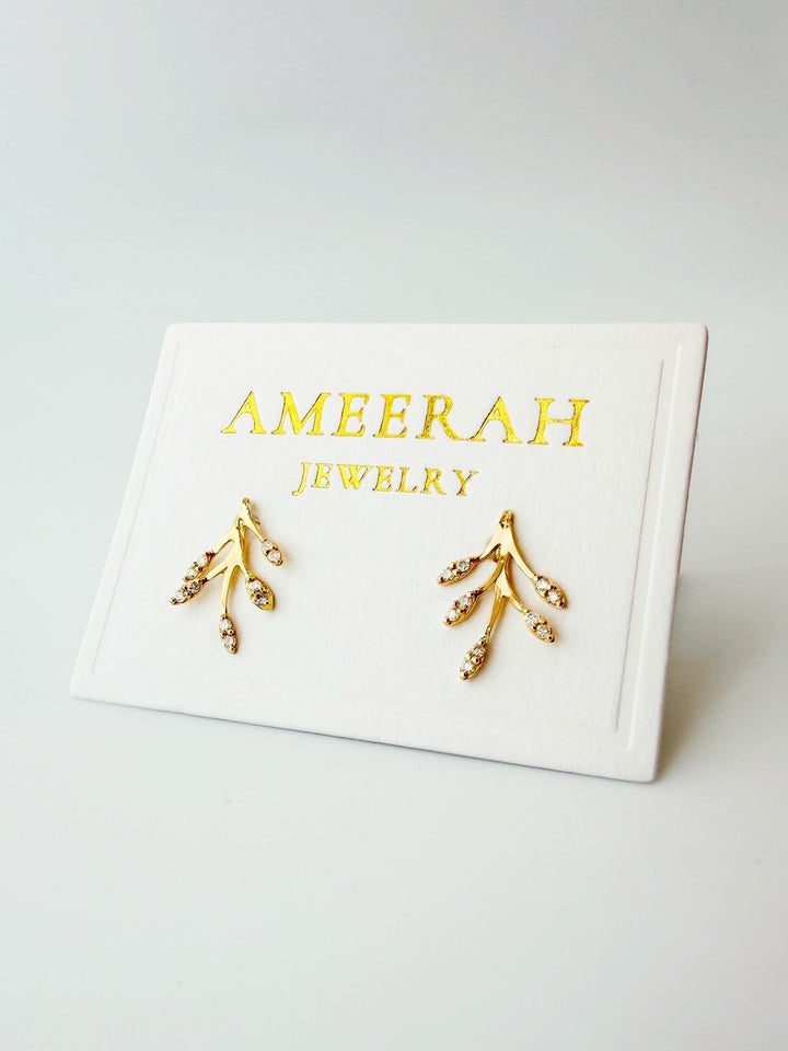 18K Solid Gold Diamond Olive Leaf Earrings 0.10CT Climber Studs Real Gold2