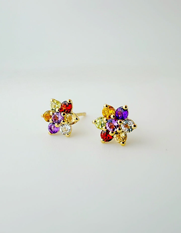 18K Solid Gold Gemstone Flower Stud Earrings Dainty Gift Her0