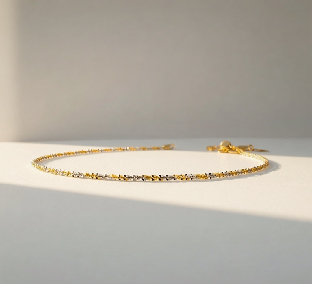 18K Solid Gold Tri Color Bracelet Dainty Sparkle Chain Minimalist Italy Style0