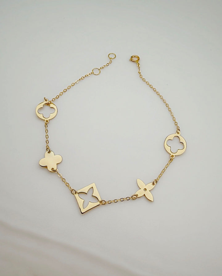 18K Solid Gold Blossom Design Flower Clover Bracelet0