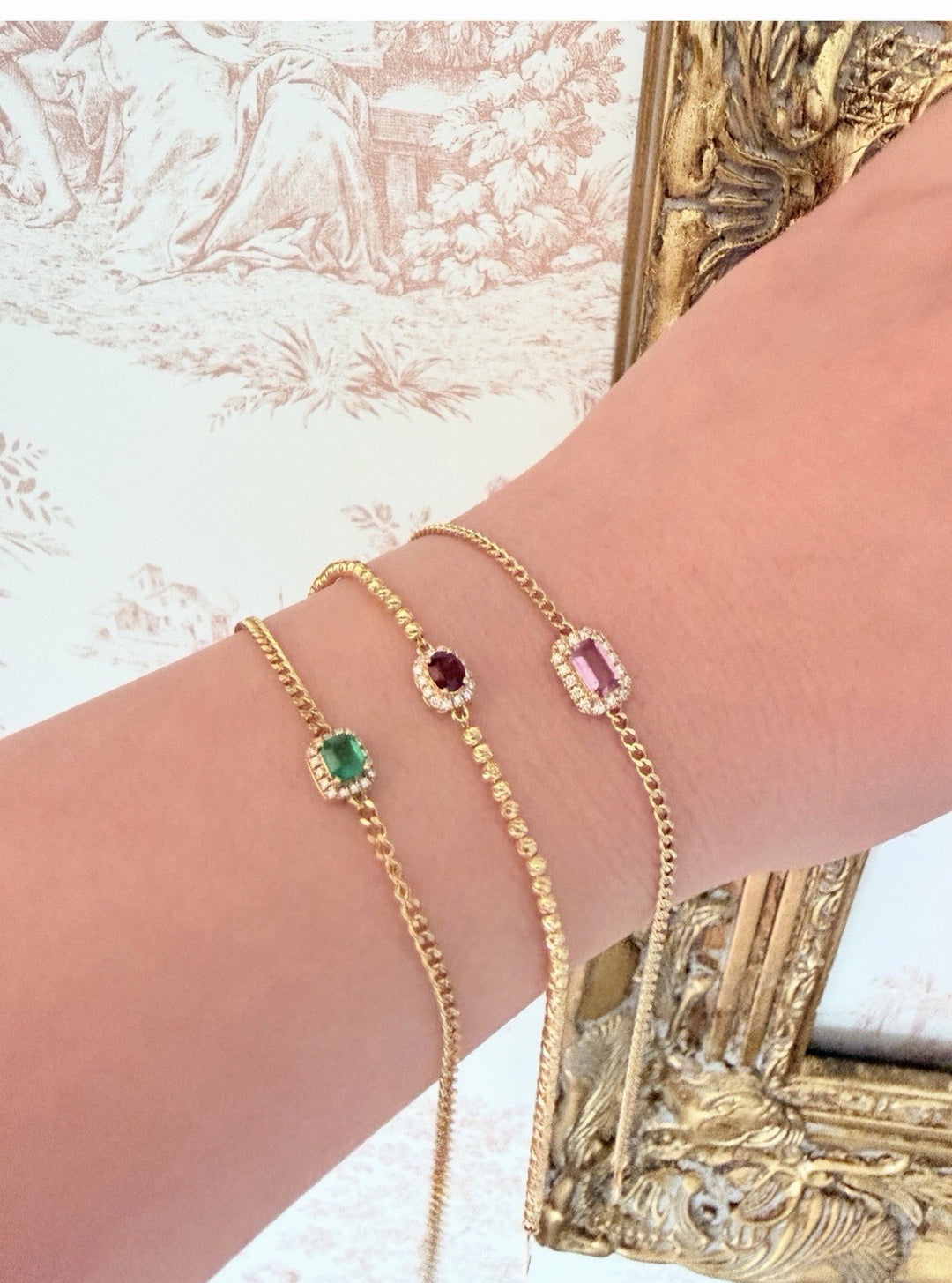 18K Solid Gold Emerald and Diamond Bracelet Dainty Chain Minimalist Gift3