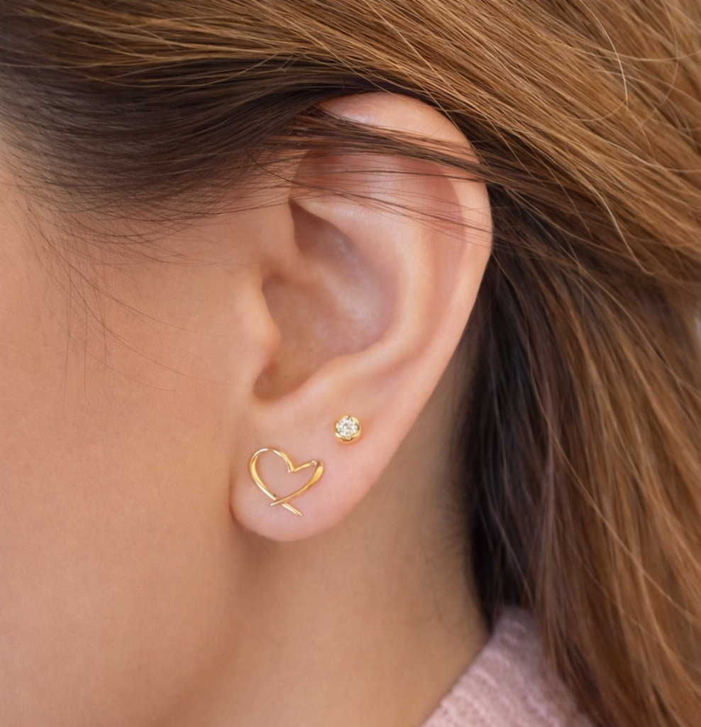 18K Solid Gold Heart Earrings Minimalist Design , Stackable Earrings3