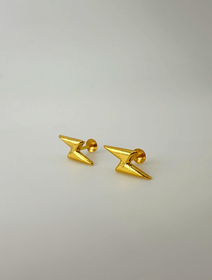 18K Solid Gold Zap | Lightning Earrings Screw back Minimalist Thin Stackable0