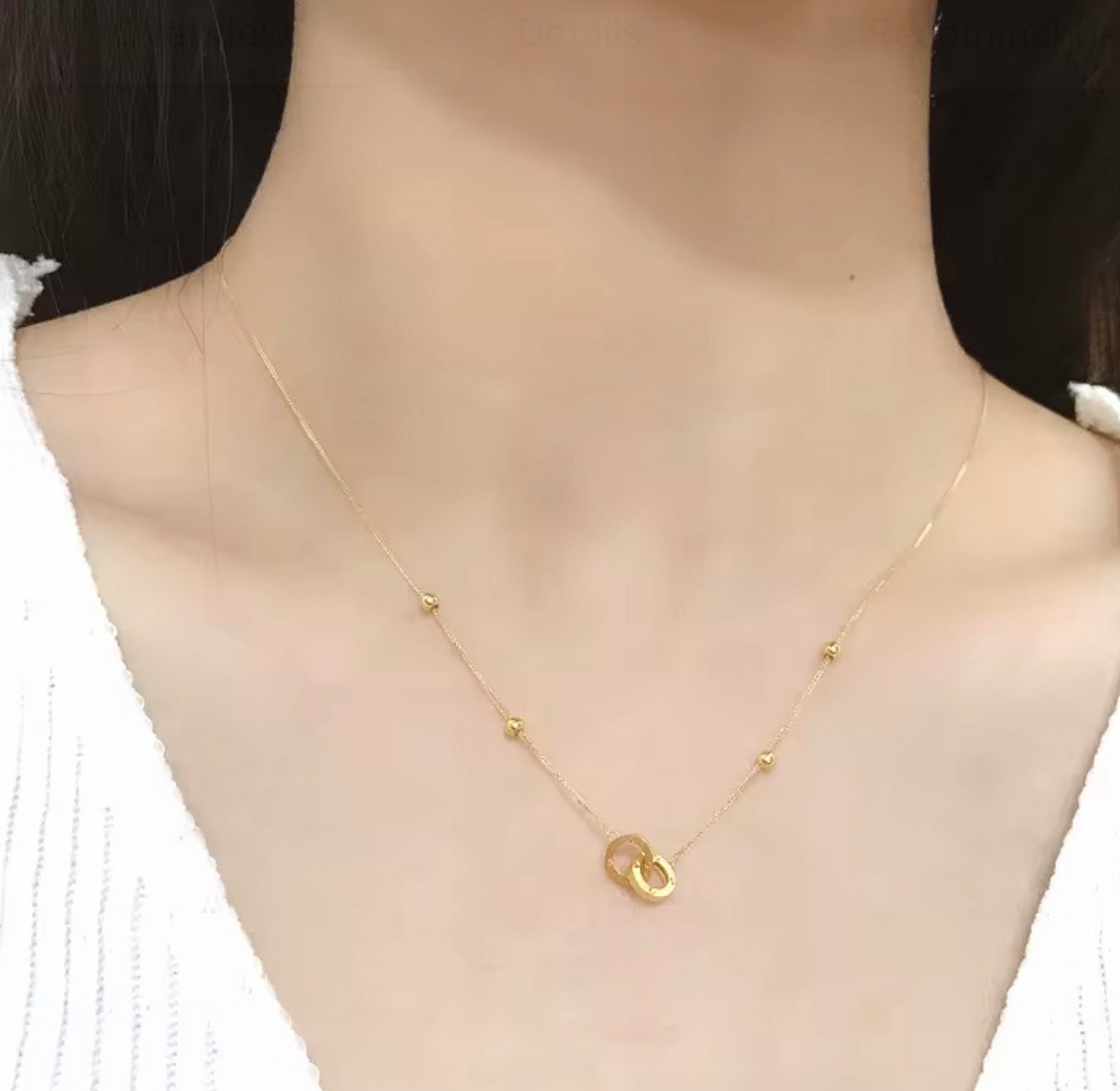 18K Solid Gold Interlocking Rings Necklace Double Ring Pendant Gift Her0