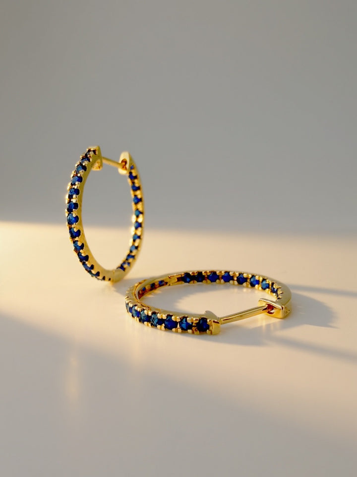 18K Solid Gold Diamond Blue Sapphire Hoop Earrings 0.5CT 19.5mm Gift0