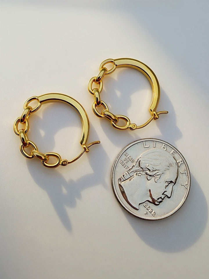 18K Real Gold Hoop Earrings Chain Link Design Chunky Real Gold Women5