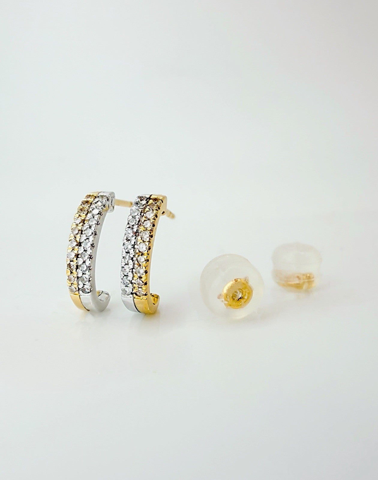 18K Solid Gold Half Hoop Huggie studs Diamond earrings | Minimalist Two tone1
