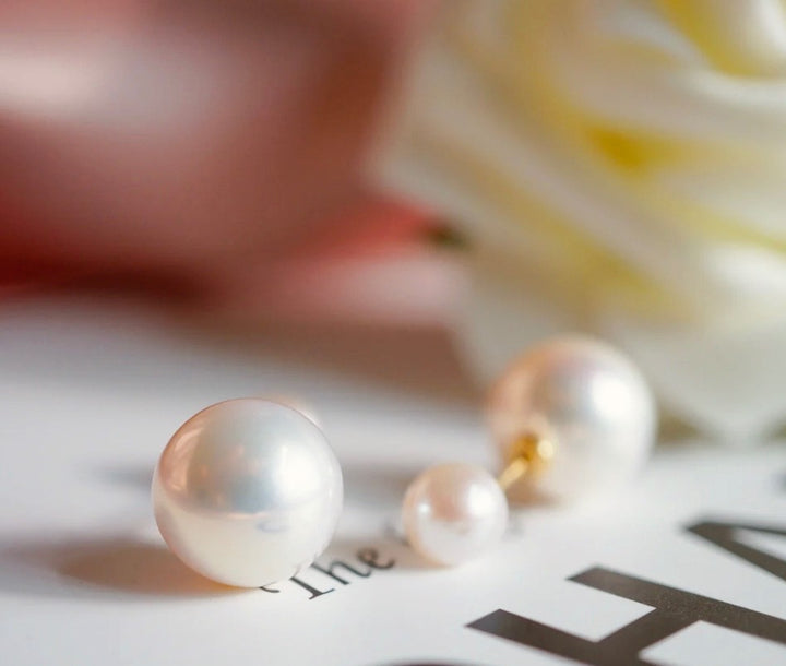 18K Solid Gold Double Akoya Pearl Earrings Screw Back Dainty Minimalist Japan1