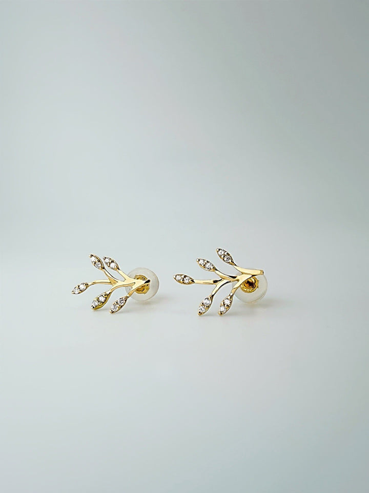 18K Solid Gold Diamond Olive Leaf Earrings 0.10CT Climber Studs Real Gold6