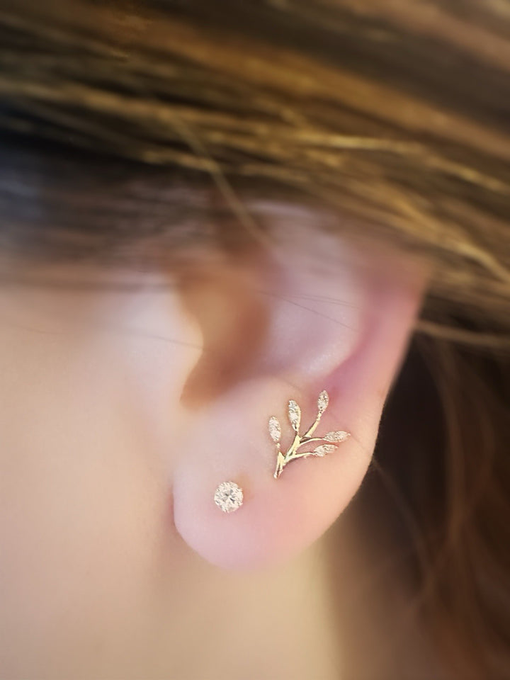 18K Solid Gold Diamond Olive Leaf Earrings 0.10CT Climber Studs Real Gold0
