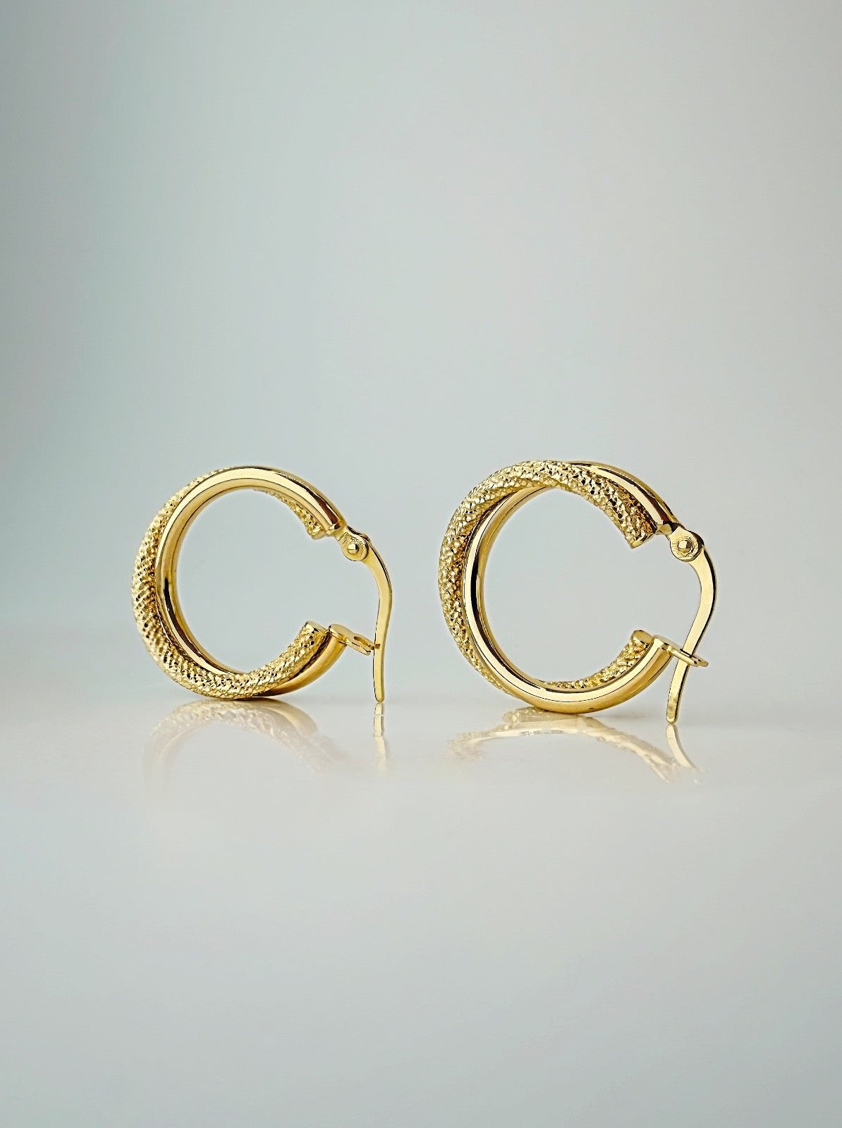 18K Solid Gold Textured Double Hoop Earrings 17.8mm Minimalist Fine Jewelry0