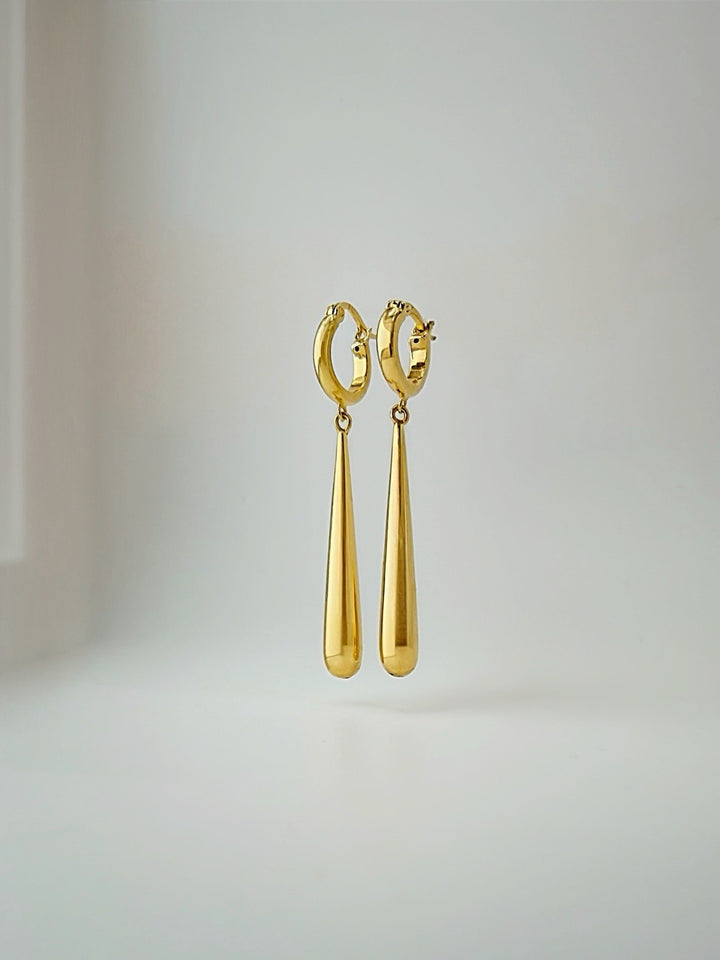 18K Solid Gold Drop Hoop Earrings Teardrop Dangle 1.78in Real Gold Minimalist1