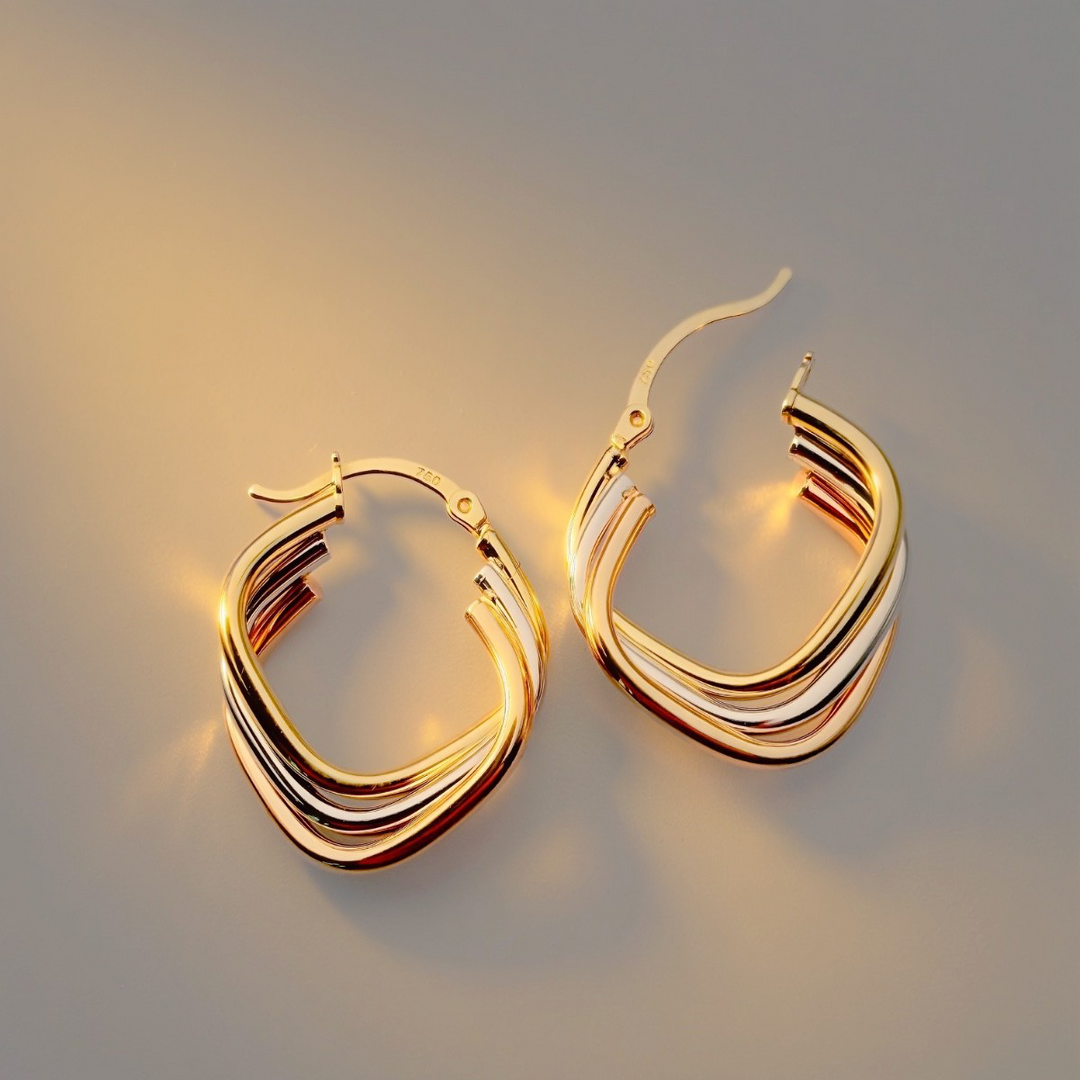 18K Real Gold Tri Color Hoop Earrings Twist Design  Hoops Everyday0