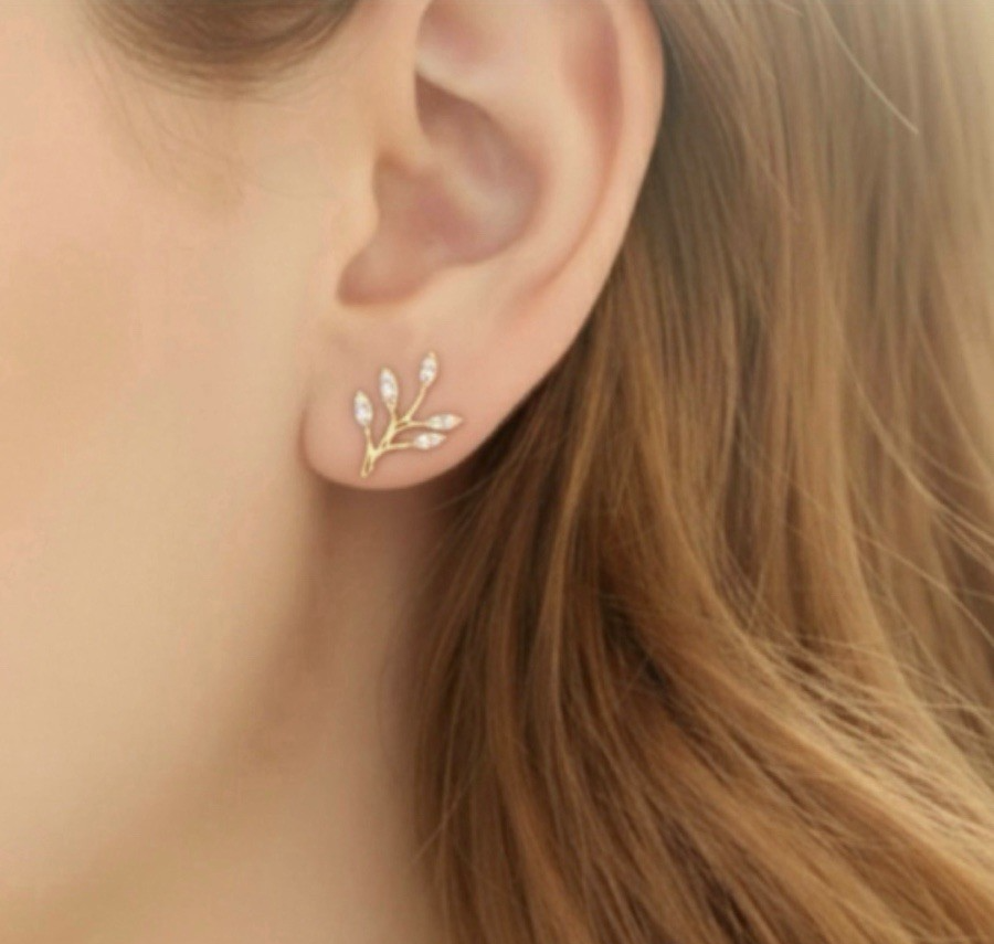 18K Solid Gold Diamond Olive Leaf Earrings 0.10CT Climber Studs Real Gold4