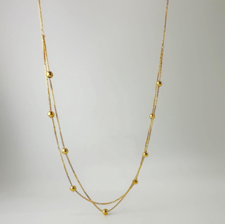 18K Solid Gold Station Beads Dainty Necklace – Double Layer,  17" Size1