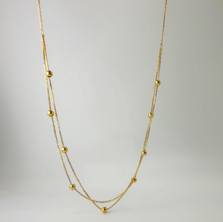 18K Solid Gold Station Beads Dainty Necklace – Double Layer,  17" Size1