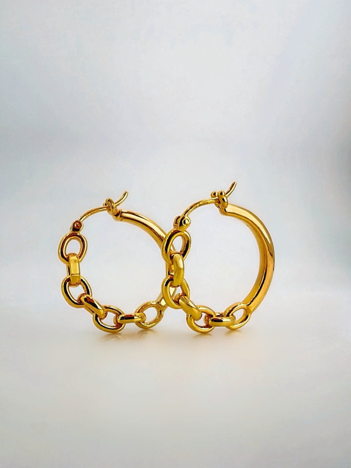 18K Real Gold Hoop Earrings Chain Link Design Chunky Real Gold Women0